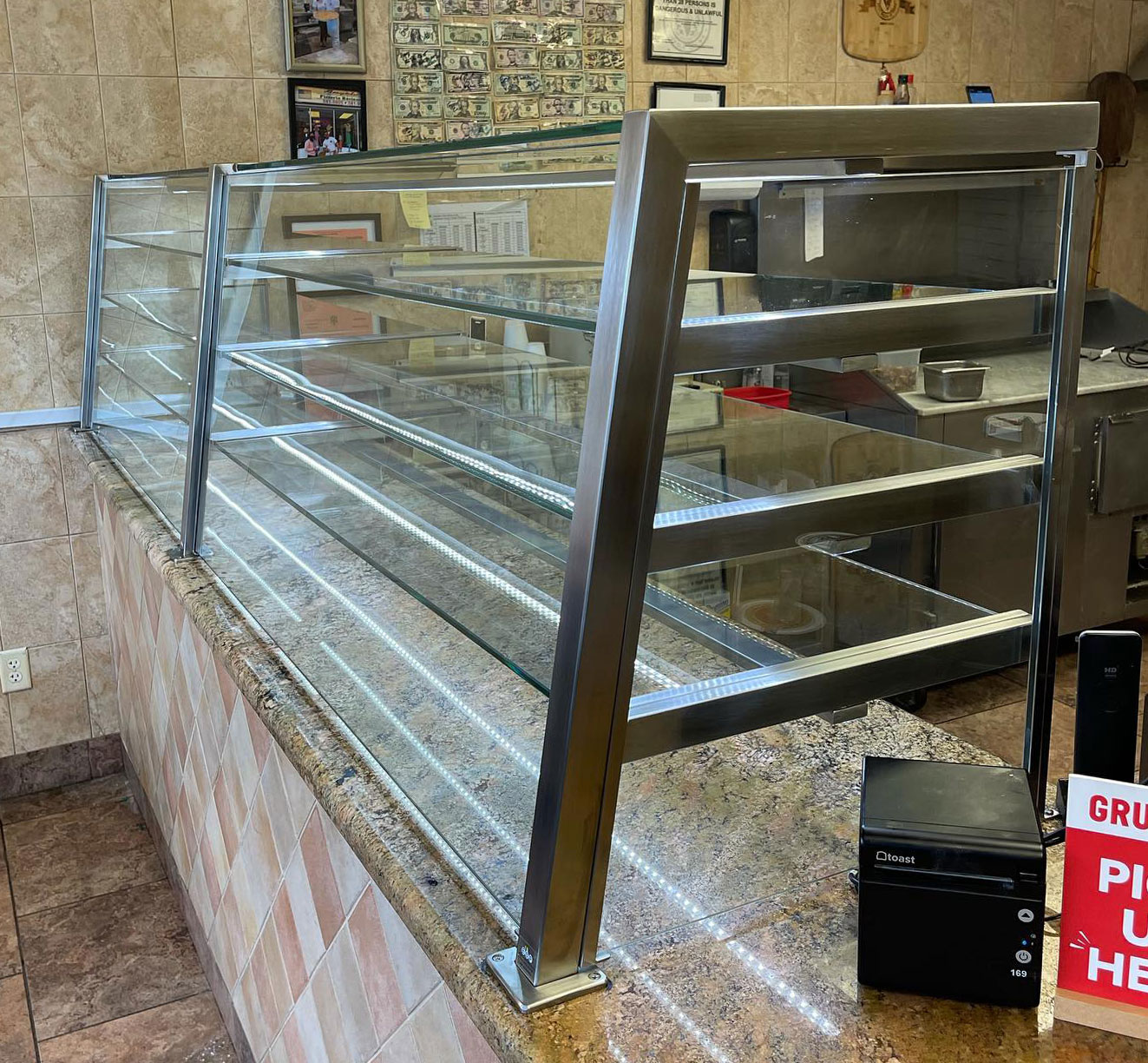 4 Tier Satin Stainless Steel Food Shield with LED Lights | Angela's Pizza - Islip, NY