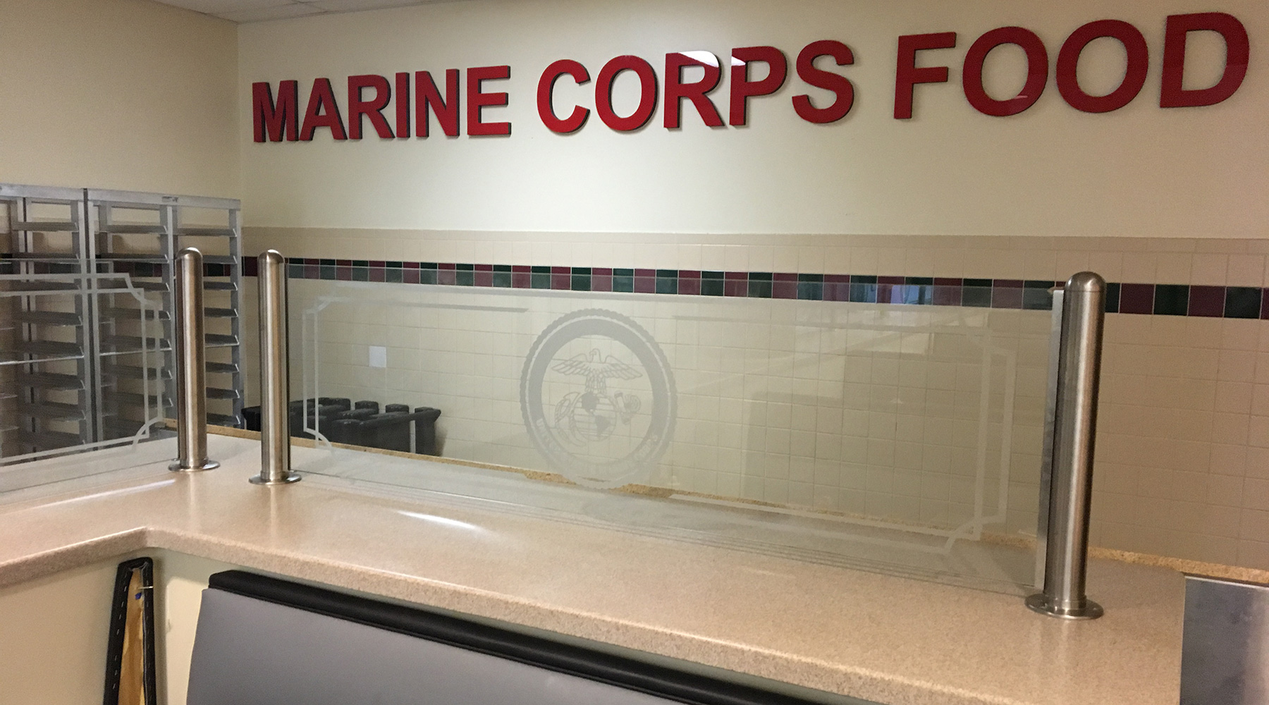 Satin Stainless Steel Partition Posts With Custom Etched Glass With Logo | Fort Lee