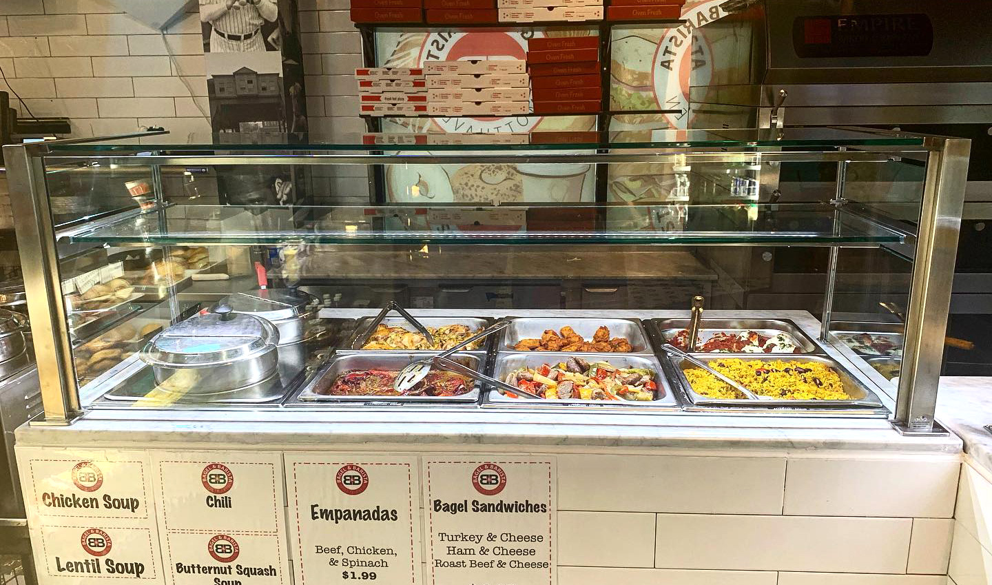 Satin Stainless Steel Food Shields with LED Lights | Mott Haven Bagel, Bronx NY
