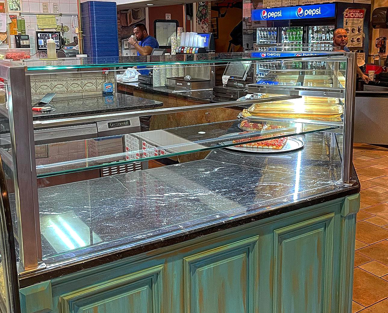 Satin Stainless Steel Food Shield with LED Lights | Victor's Pizza and Pasta - Melville, NY